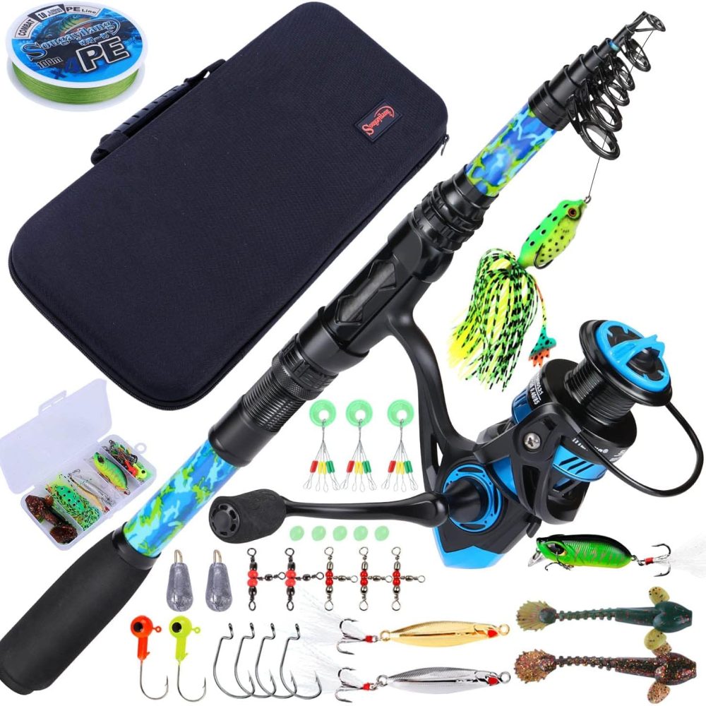 Sougayilang Fishing Rod and Reel Combos with Telescopic Fishing Pole Spinning Reels Fishing Carrier Bag for Travel Saltwater Freshwater Fishing